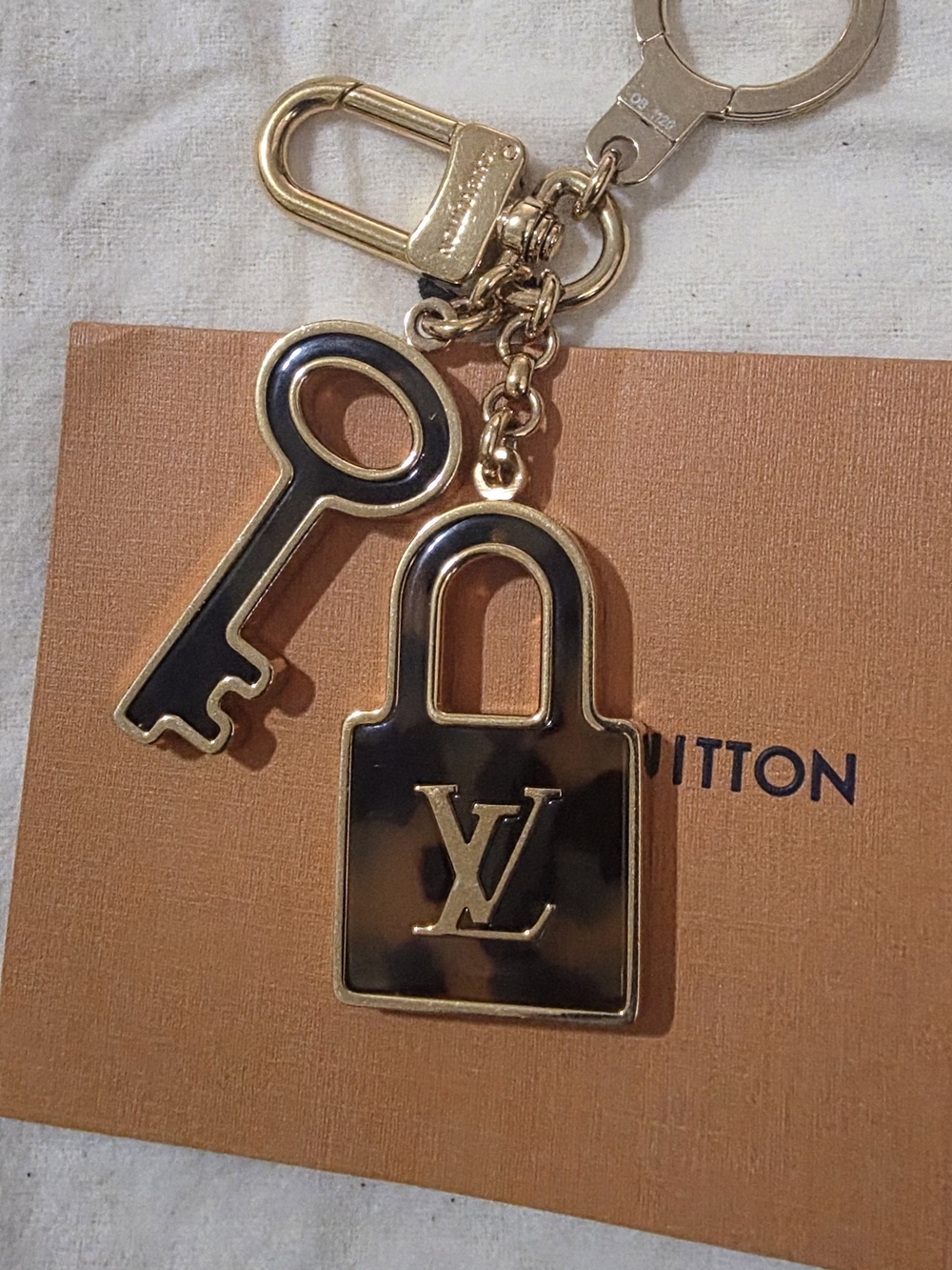 Louis Vuitton Black and Gold Padlock & Key Charm Keychain